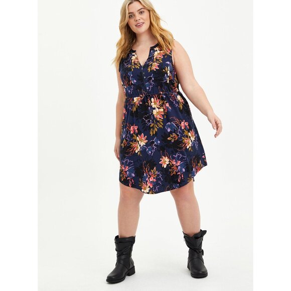 Torrid Sz 5 Navy Floral V Neck Challis Zip-Front Shirt Dress - Picture 12 of 12